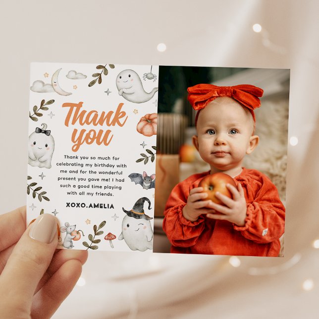 Cute Halloween Birthday Photo Thank You Card (Creator Uploaded)