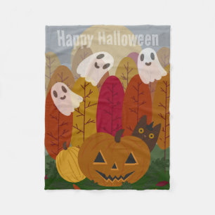 Cute Halloween Black Cat and Ghosts Autumn Pumpkin Fleece Blanket
