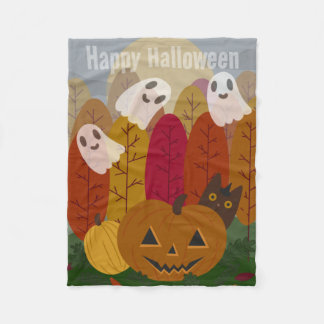 Cute Halloween Black Cat and Ghosts Autumn Pumpkin Fleece Blanket