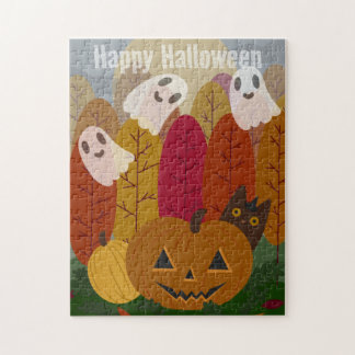 Cute Halloween Black Cat and Ghosts Autumn Pumpkin Jigsaw Puzzle