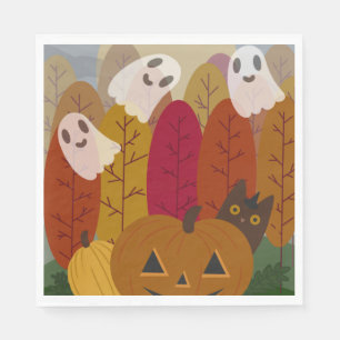 Cute Halloween Black Cat and Ghosts Autumn Pumpkin Napkin