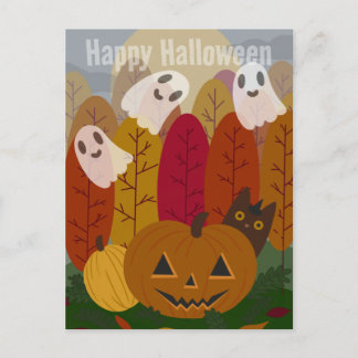 Cute Halloween Black Cat and Ghosts Autumn Pumpkin Postcard