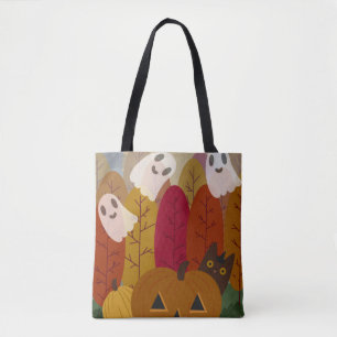 Cute Halloween Black Cat and Ghosts Autumn Pumpkin Tote Bag