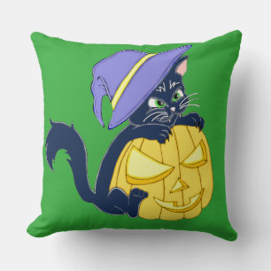 Cute Halloween Black Cat and Pumpkin Cushion