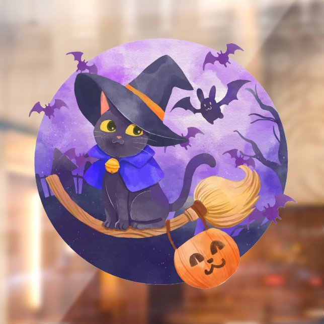 Cute Halloween Black Cat Bats and Witches Broom Window Cling (Sheet 2)