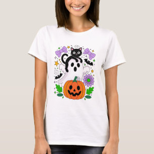 Cute Halloween Black Cat Ghost and Pumpkin Art T-Shirt