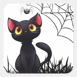Cute Halloween Black Cat Looking At Spider Square Sticker