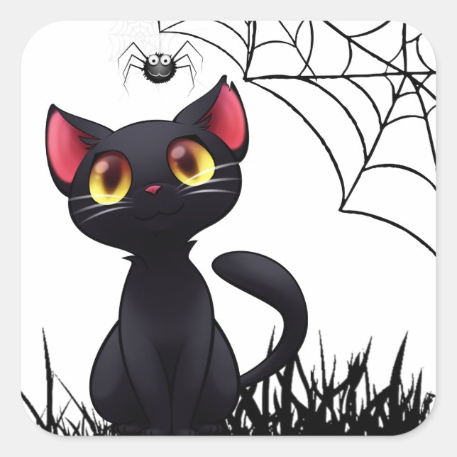Cute Halloween Black Cat Looking At Spider Square Sticker (Front)