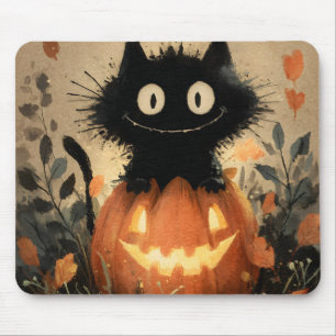 Cute Halloween Black Cat on a Jack-o'-Lantern Mouse Mat