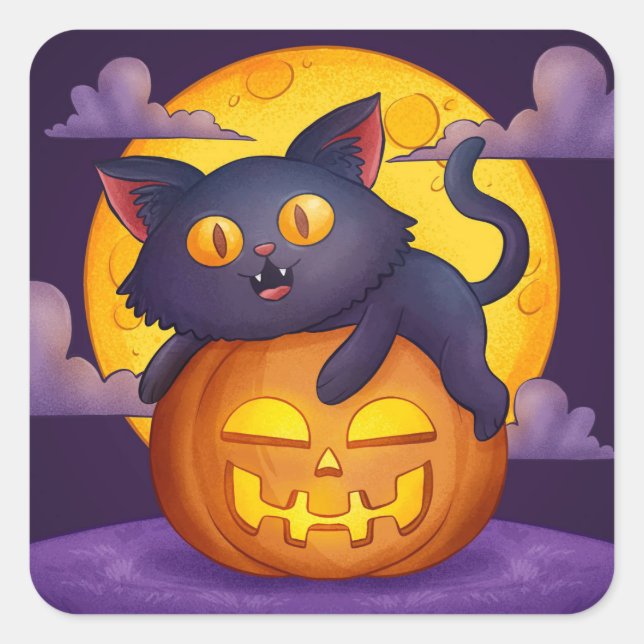 Cute Halloween Black Cat Pumpkin and Moon Square Sticker (Front)