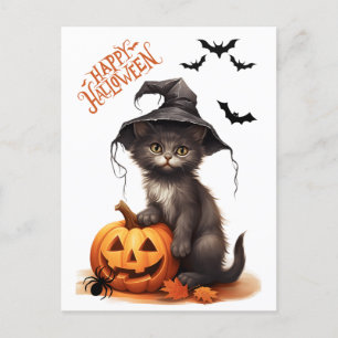 Cute Halloween Black Cat, Pumpkin and Spider Postcard