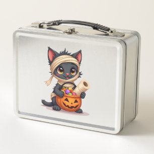 Cute Halloween Black Cat Pumpkin Trick or Treat Gi Metal Lunch Box