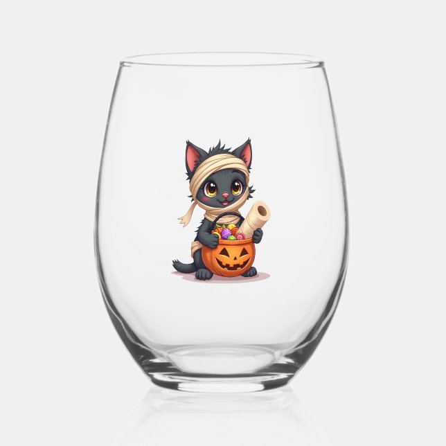 Cute Halloween Black Cat Pumpkin Trick or Treat Gi Stemless Wine Glass (Front)