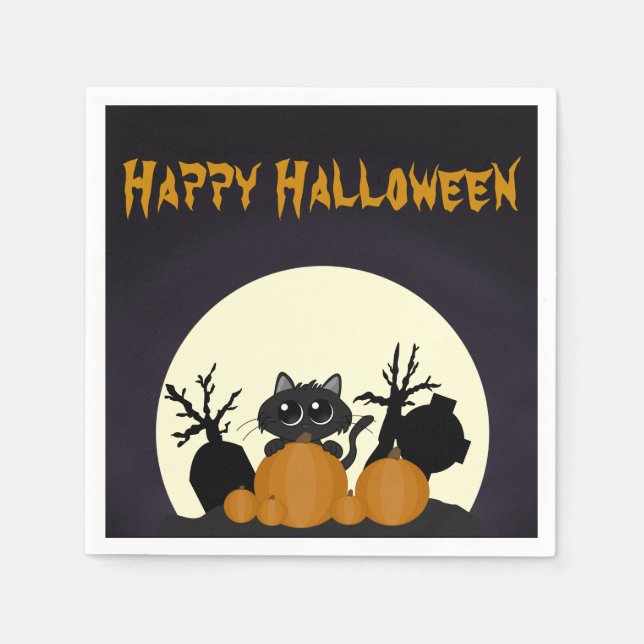 Cute Halloween Black Cat Spooky Napkin (Front)
