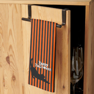 Cute Halloween Black Cat Stretching Orange Stripes Tea Towel