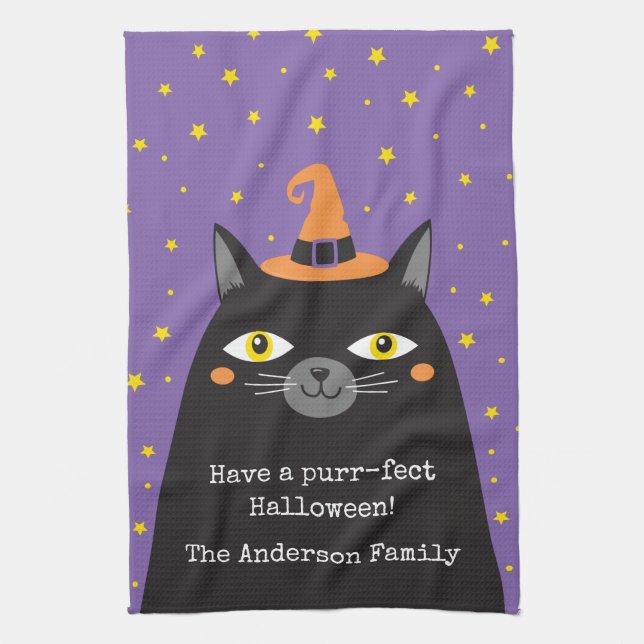 Cute Halloween Black Cat  Tea Towel (Vertical)