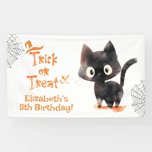 Cute Halloween black cat Trick or treat birthday Banner (Horizontal)