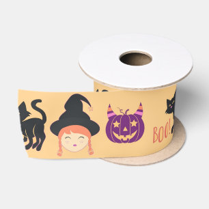Cute Halloween Black Cat Witch and Pumpkin Pattern Satin Ribbon