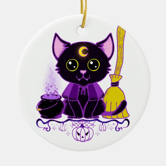 Cute Halloween Black Cat Witch Ceramic Tree Decoration (Front)