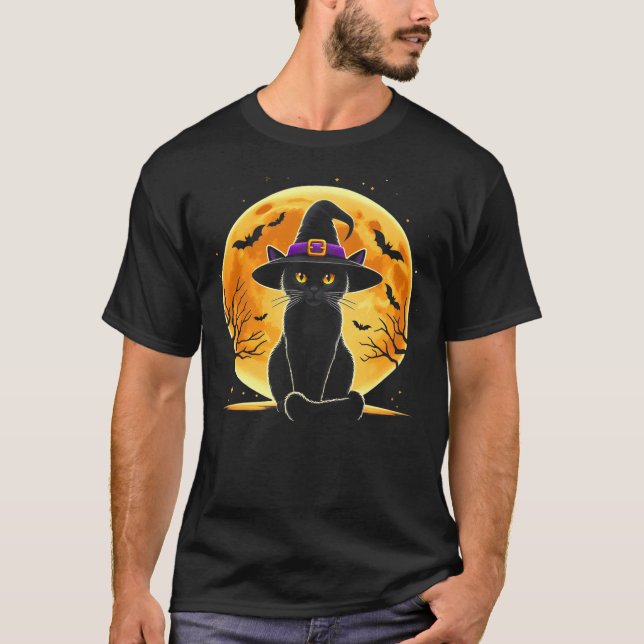 Cute Halloween Black Cat Witch Hat Halloween Costu T-Shirt (Front)
