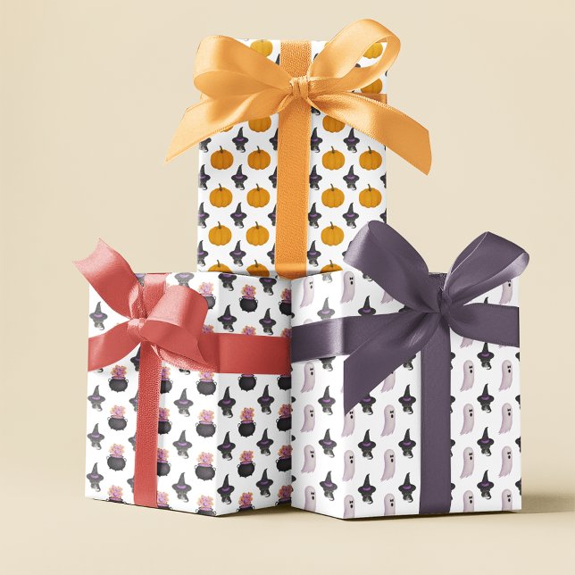 Cute Halloween Black Cat Witch Hat Patterns Wrapping Paper Sheet (Creator Uploaded)