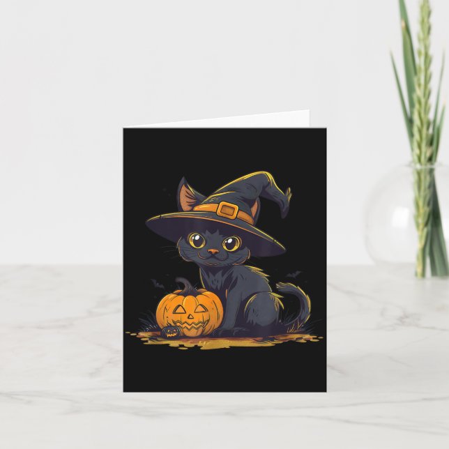 Cute Halloween Black Cat Witch Hat Pumpkin Card (Front)