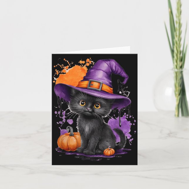 Cute Halloween Black Cat Witch Hat Pumpkin Card (Front)