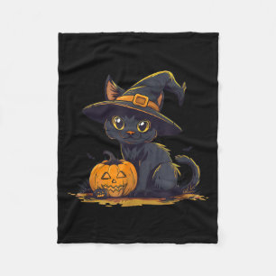 Cute Halloween Black Cat Witch Hat Pumpkin Fleece Blanket