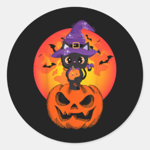 Cute Halloween Black Cat Witch Hat Pumpkin For Classic Round Sticker