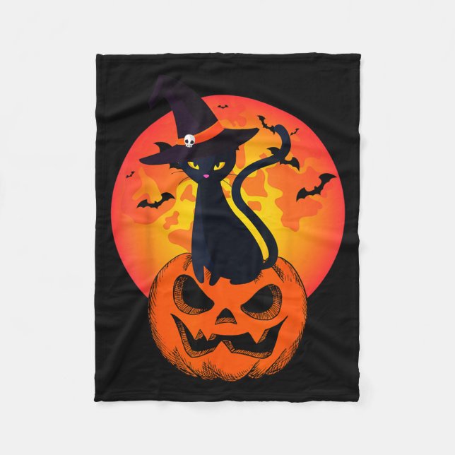 Cute Halloween Black Cat Witch Hat Pumpkin For Fleece Blanket (Front)
