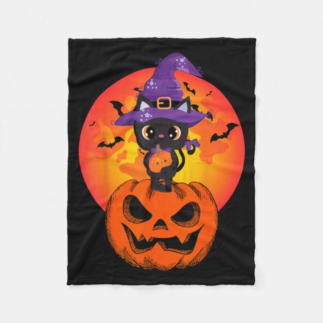 Cute Halloween Black Cat Witch Hat Pumpkin For Fleece Blanket (Front)