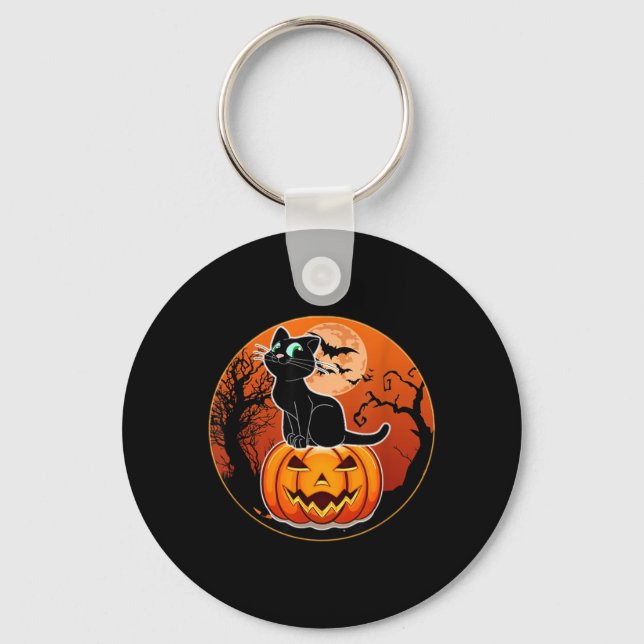Cute Halloween Black Cat Witch Hat Pumpkin For Key Ring (Front)