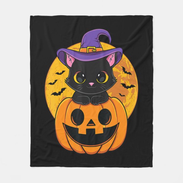 Cute Halloween Black Cat Witch Hat Pumpkin For Kid Fleece Blanket (Front)