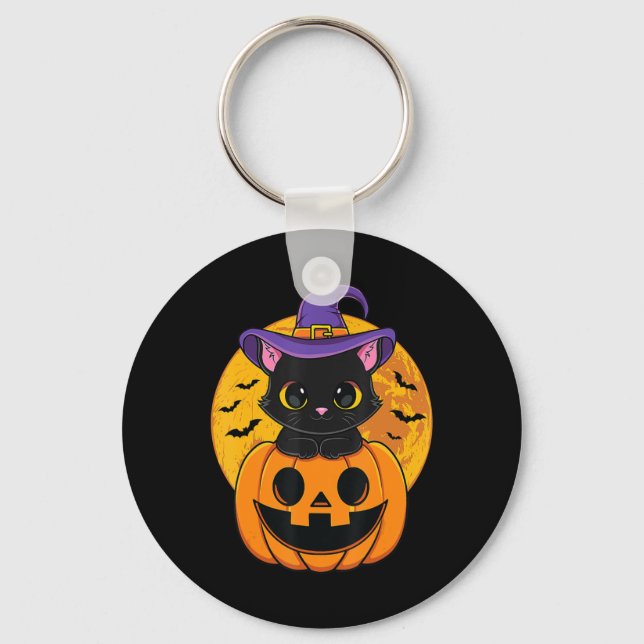 Cute Halloween Black Cat Witch Hat Pumpkin For Kid Key Ring (Front)