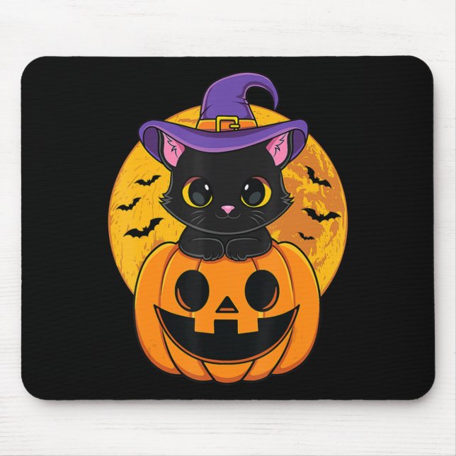 Cute Halloween Black Cat Witch Hat Pumpkin For Kid Mouse Mat (Front)