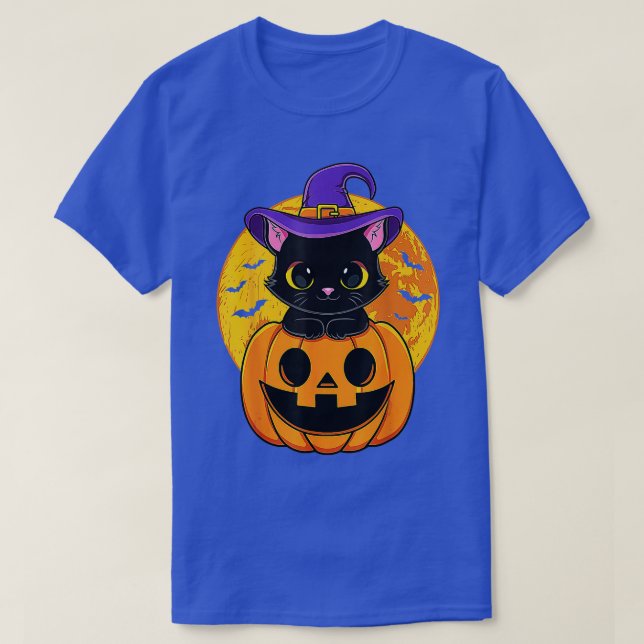 Cute Halloween Black Cat Witch Hat Pumpkin For Kid T-Shirt (Design Front)