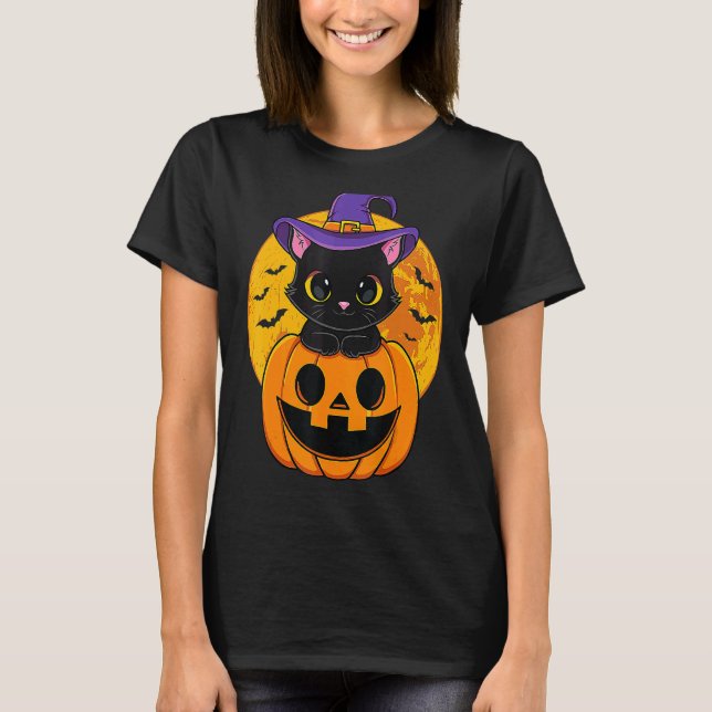 Cute Halloween Black Cat Witch Hat Pumpkin For Kid T-Shirt (Front)