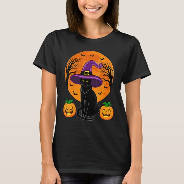 Cute Halloween Black Cat Witch Hat Pumpkin For Kid T-Shirt (Front)