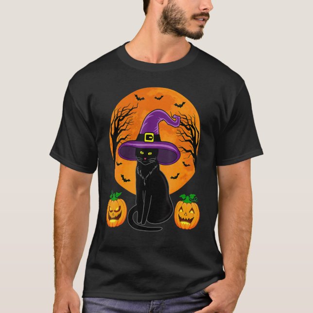 Cute Halloween Black Cat Witch Hat Pumpkin For Kid T-Shirt (Front)