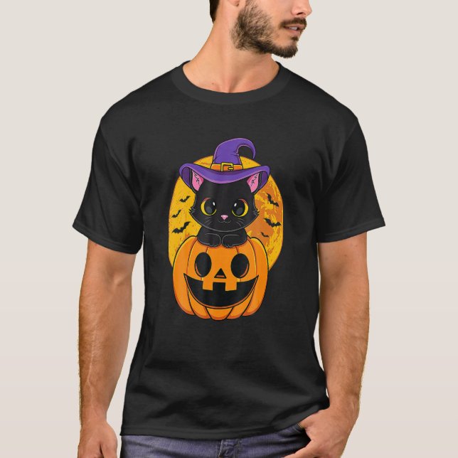 Cute Halloween Black Cat Witch Hat Pumpkin For Kid T-Shirt (Front)