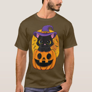 Cute Halloween Black Cat Witch Hat Pumpkin For Kid T-Shirt
