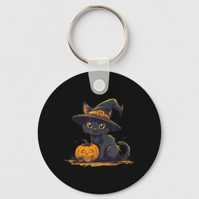 Cute Halloween Black Cat Witch Hat Pumpkin Key Ring (Front)