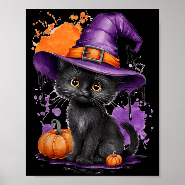 Cute Halloween Black Cat Witch Hat Pumpkin Poster (Front)
