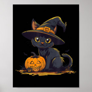 Cute Halloween Black Cat Witch Hat Pumpkin Poster