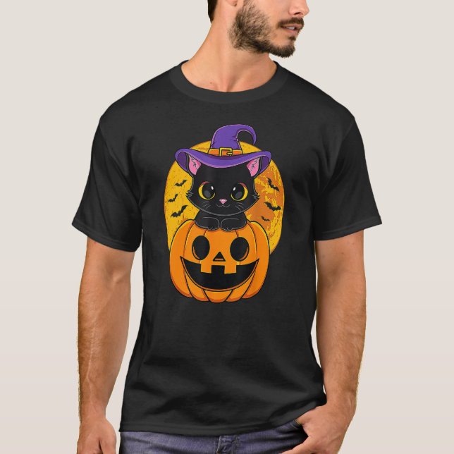 Cute Halloween Black Cat Witch Hat Pumpkin T-Shirt (Front)