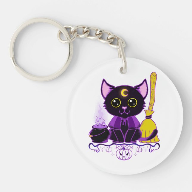 Cute Halloween Black Cat Witch Key Ring (Front)