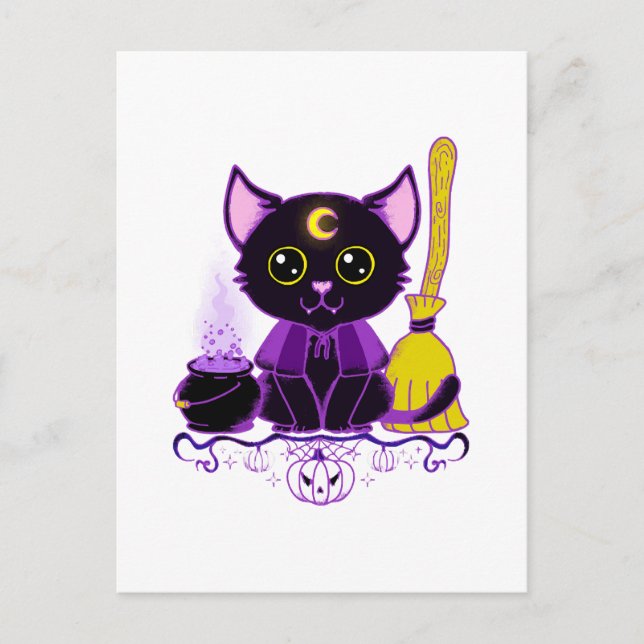Cute Halloween Black Cat Witch Postcard (Front)