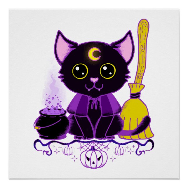 Cute Halloween Black Cat Witch Poster (Front)