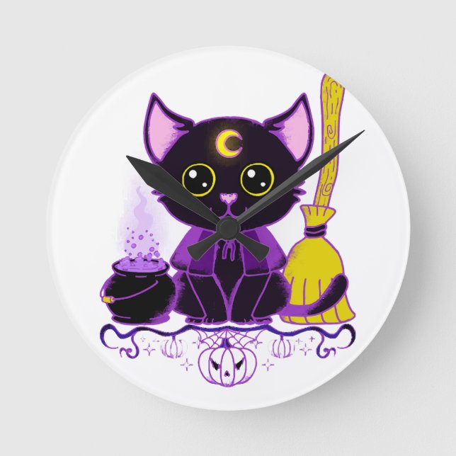 Cute Halloween Black Cat Witch Round Clock (Front)