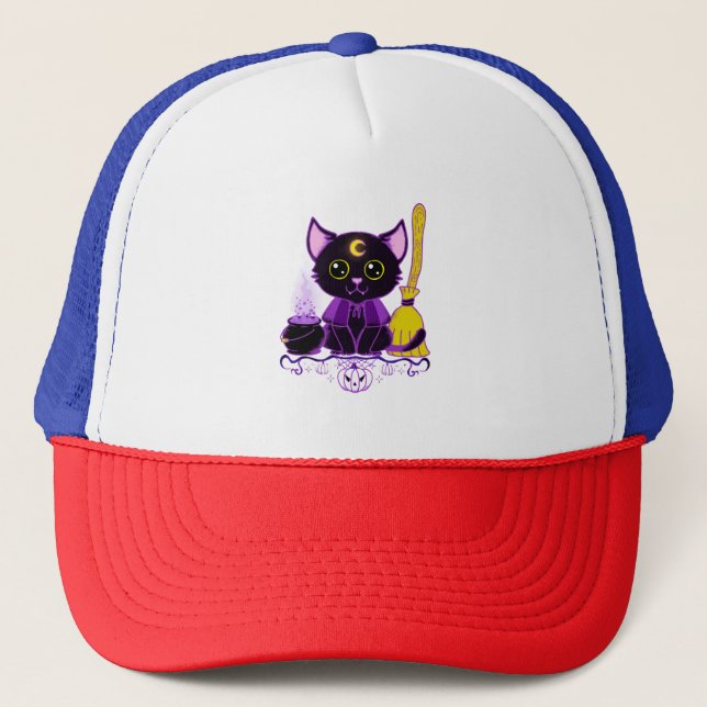 Cute Halloween Black Cat Witch Trucker Hat (Front)